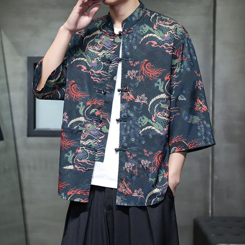 Nimara Ritual Spring Frog-Button Dragon Mountain Flower Three Quarter Sleeve Tang Suit Men's Shirt With Pockets