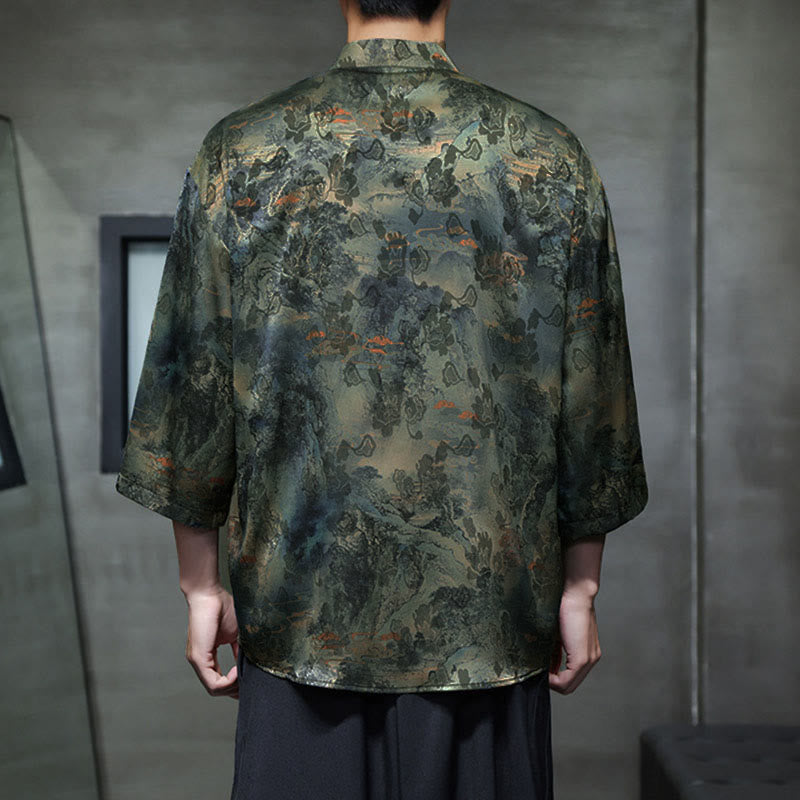 Nimara Ritual Spring Frog-Button Dragon Mountain Flower Three Quarter Sleeve Tang Suit Men's Shirt With Pockets