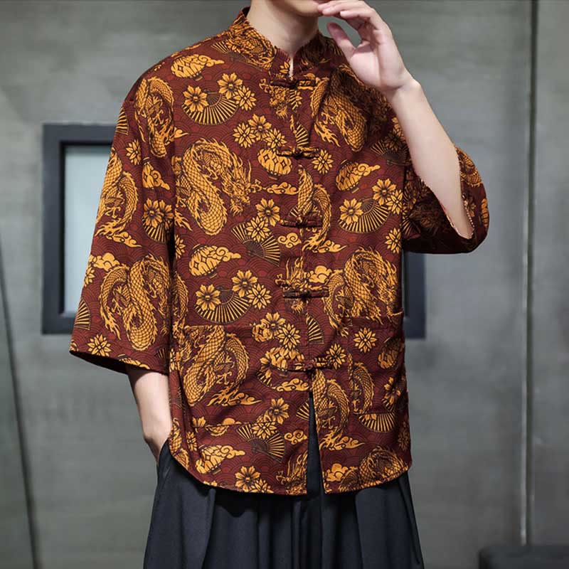 Nimara Ritual Spring Frog-Button Dragon Mountain Flower Three Quarter Sleeve Tang Suit Men's Shirt With Pockets