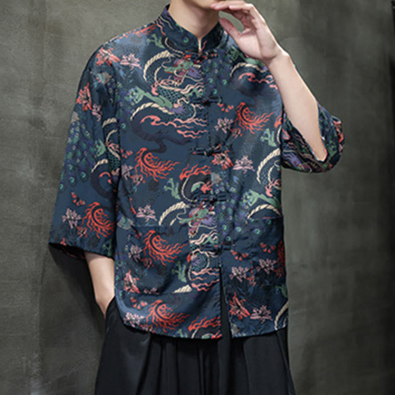 Nimara Ritual Spring Frog-Button Dragon Mountain Flower Three Quarter Sleeve Tang Suit Men's Shirt With Pockets