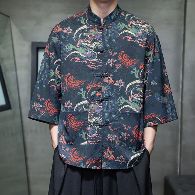 Nimara Ritual Spring Frog-Button Dragon Mountain Flower Three Quarter Sleeve Tang Suit Men's Shirt With Pockets