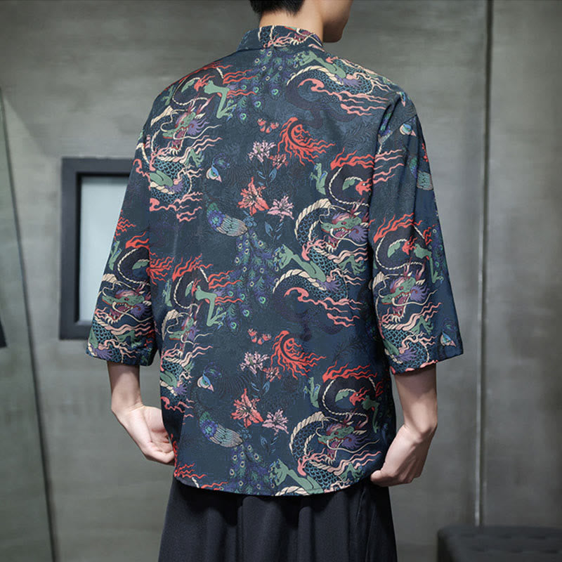 Nimara Ritual Spring Frog-Button Dragon Mountain Flower Three Quarter Sleeve Tang Suit Men's Shirt With Pockets
