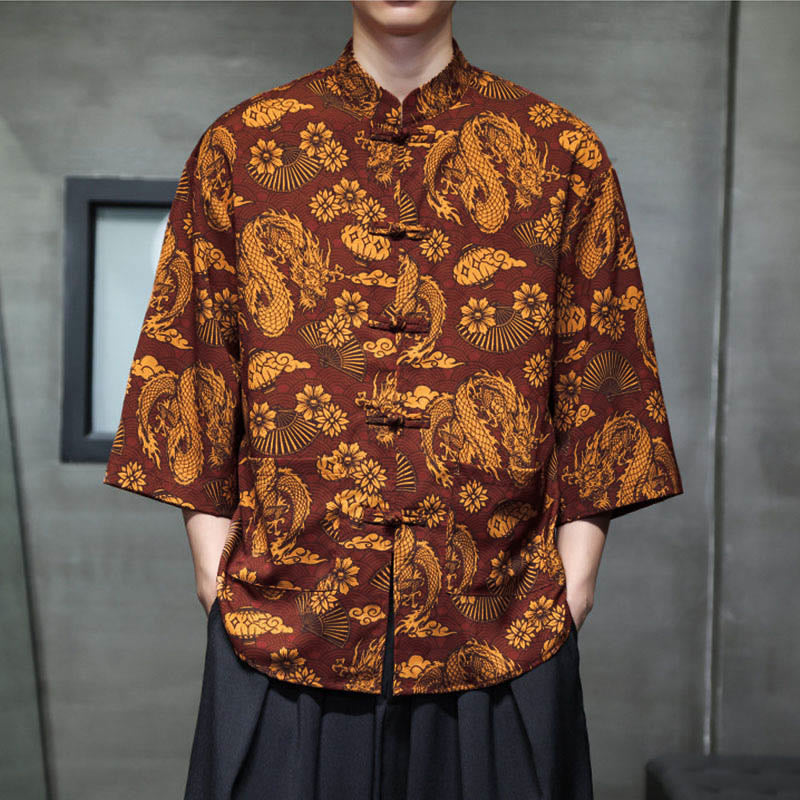 Nimara Ritual Spring Frog-Button Dragon Mountain Flower Three Quarter Sleeve Tang Suit Men's Shirt With Pockets