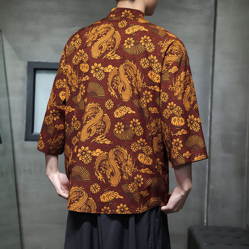 Nimara Ritual Spring Frog-Button Dragon Mountain Flower Three Quarter Sleeve Tang Suit Men's Shirt With Pockets