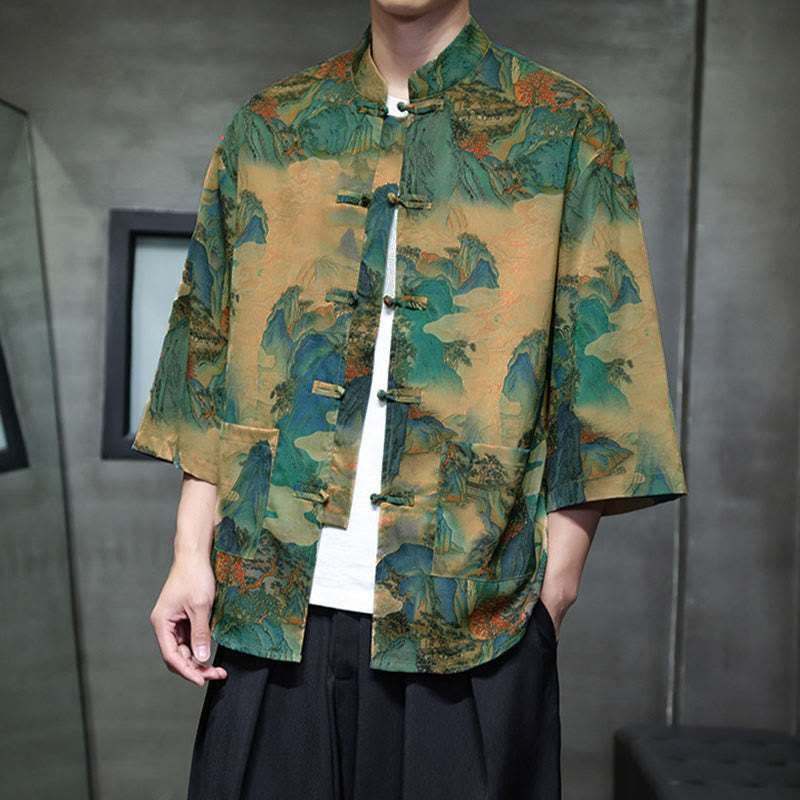 Nimara Ritual Spring Frog-Button Dragon Mountain Flower Three Quarter Sleeve Tang Suit Men's Shirt With Pockets