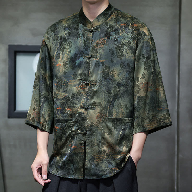 Nimara Ritual Spring Frog-Button Dragon Mountain Flower Three Quarter Sleeve Tang Suit Men's Shirt With Pockets