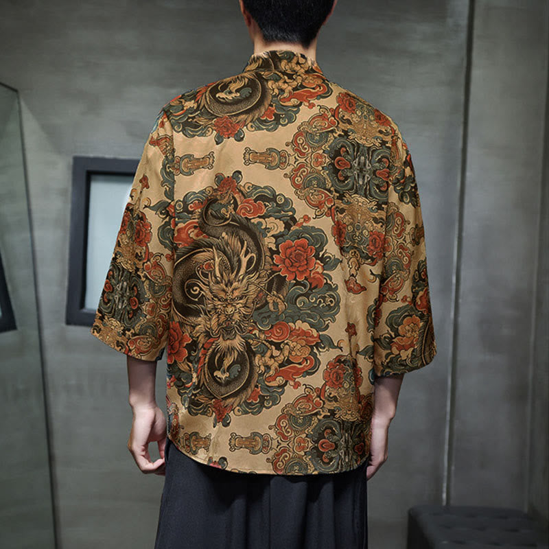 Nimara Ritual Spring Frog-Button Dragon Mountain Flower Three Quarter Sleeve Tang Suit Men's Shirt With Pockets