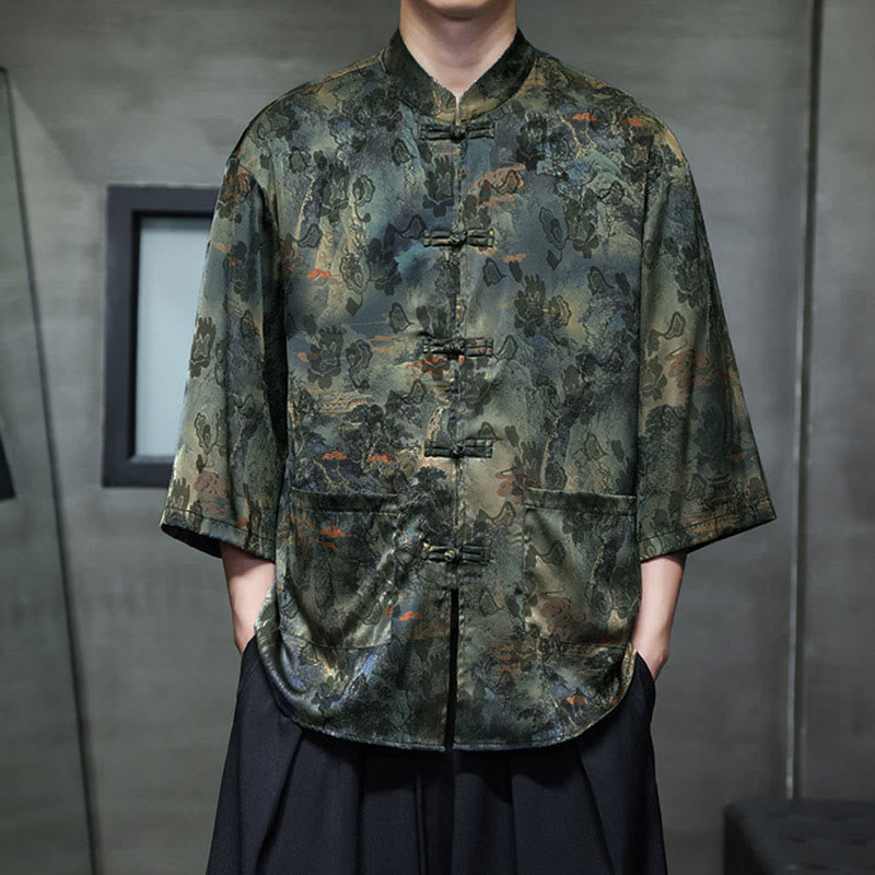Nimara Ritual Spring Frog-Button Dragon Mountain Flower Three Quarter Sleeve Tang Suit Men's Shirt With Pockets