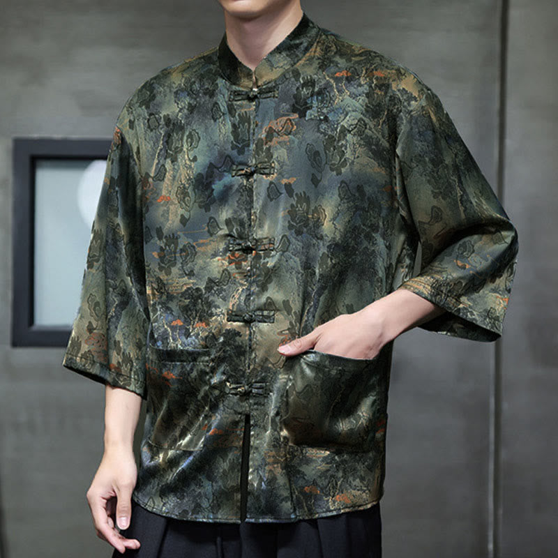 Nimara Ritual Spring Frog-Button Dragon Mountain Flower Three Quarter Sleeve Tang Suit Men's Shirt With Pockets