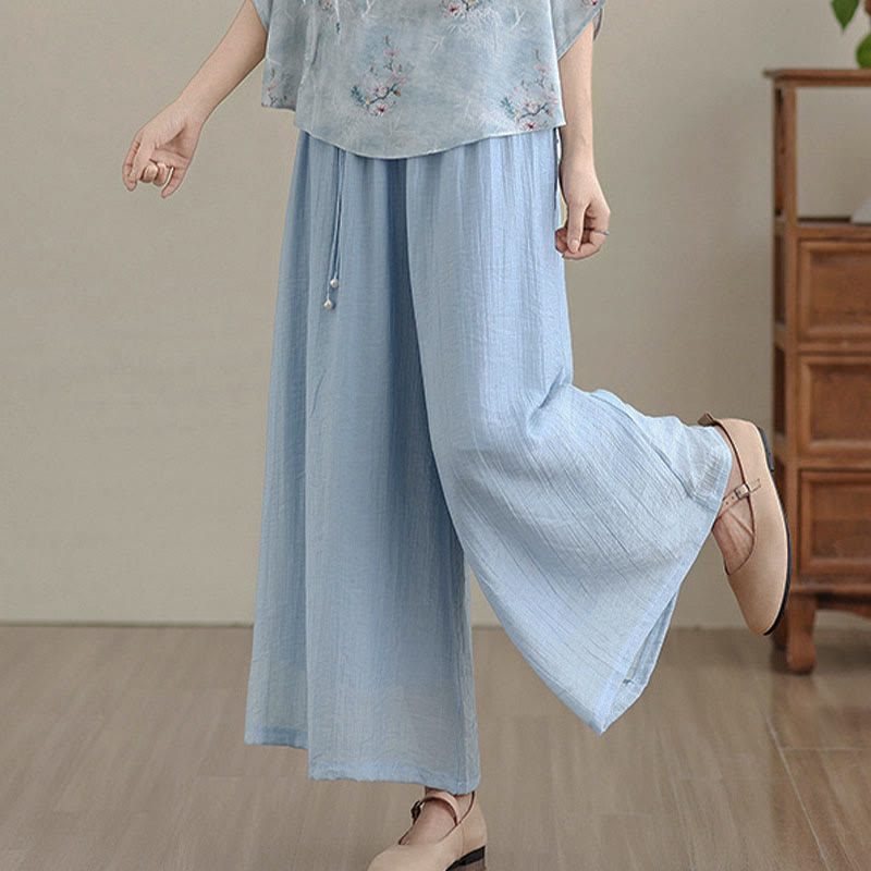 Nimara Ritual Solid Color Elastic Waist Design Capri Cropped Women's Wide Leg Pants