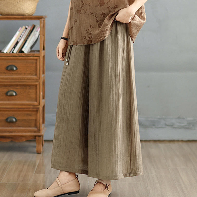 Nimara Ritual Solid Color Elastic Waist Design Capri Cropped Women's Wide Leg Pants