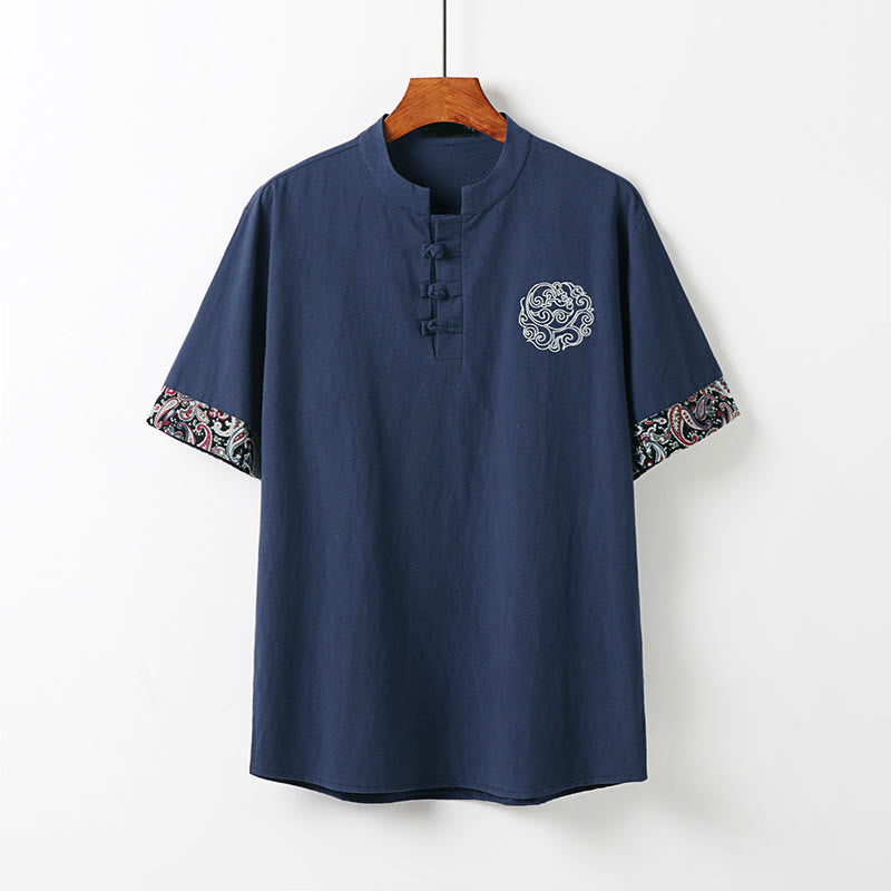 Nimara Ritual Summer Frog-Button Auspicious Clouds Embroidery Design Short Sleeve Cotton Linen Men's Shirt