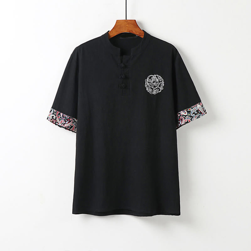 Nimara Ritual Summer Frog-Button Auspicious Clouds Embroidery Design Short Sleeve Cotton Linen Men's Shirt