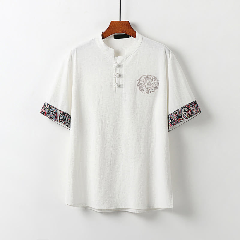Nimara Ritual Summer Frog-Button Auspicious Clouds Embroidery Design Short Sleeve Cotton Linen Men's Shirt
