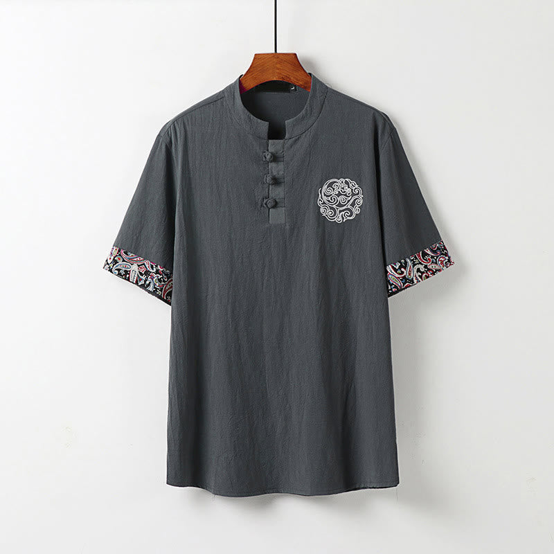 Nimara Ritual Summer Frog-Button Auspicious Clouds Embroidery Design Short Sleeve Cotton Linen Men's Shirt