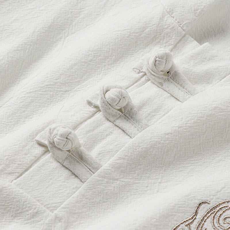 Nimara Ritual Summer Frog-Button Auspicious Clouds Embroidery Design Short Sleeve Cotton Linen Men's Shirt