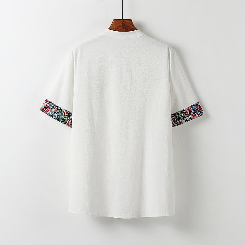 Nimara Ritual Summer Frog-Button Auspicious Clouds Embroidery Design Short Sleeve Cotton Linen Men's Shirt