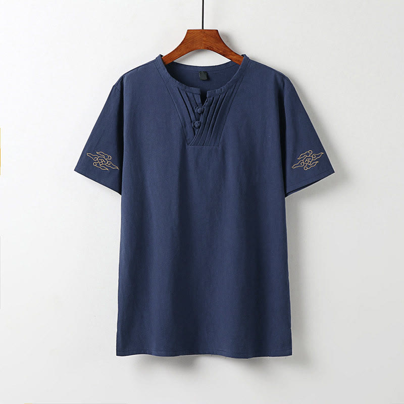Nimara Ritual Summer V-Neck Frog-Button Short Sleeve Clouds Embroidery Cotton Linen Men's Shirt