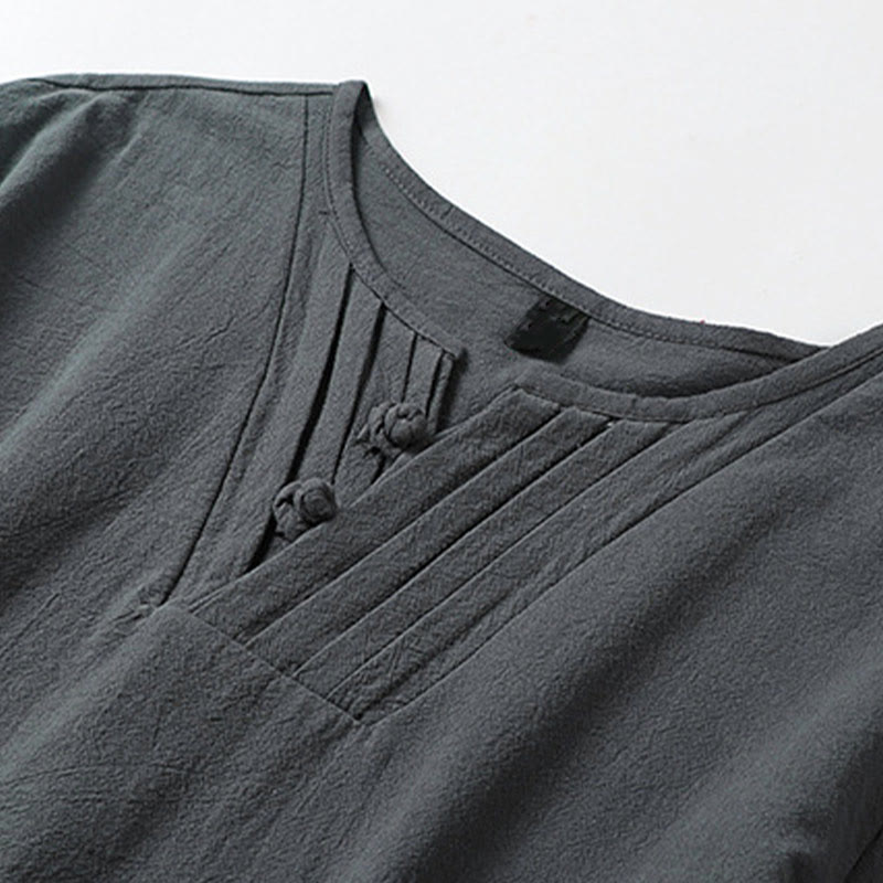 Nimara Ritual Summer V-Neck Frog-Button Short Sleeve Clouds Embroidery Cotton Linen Men's Shirt
