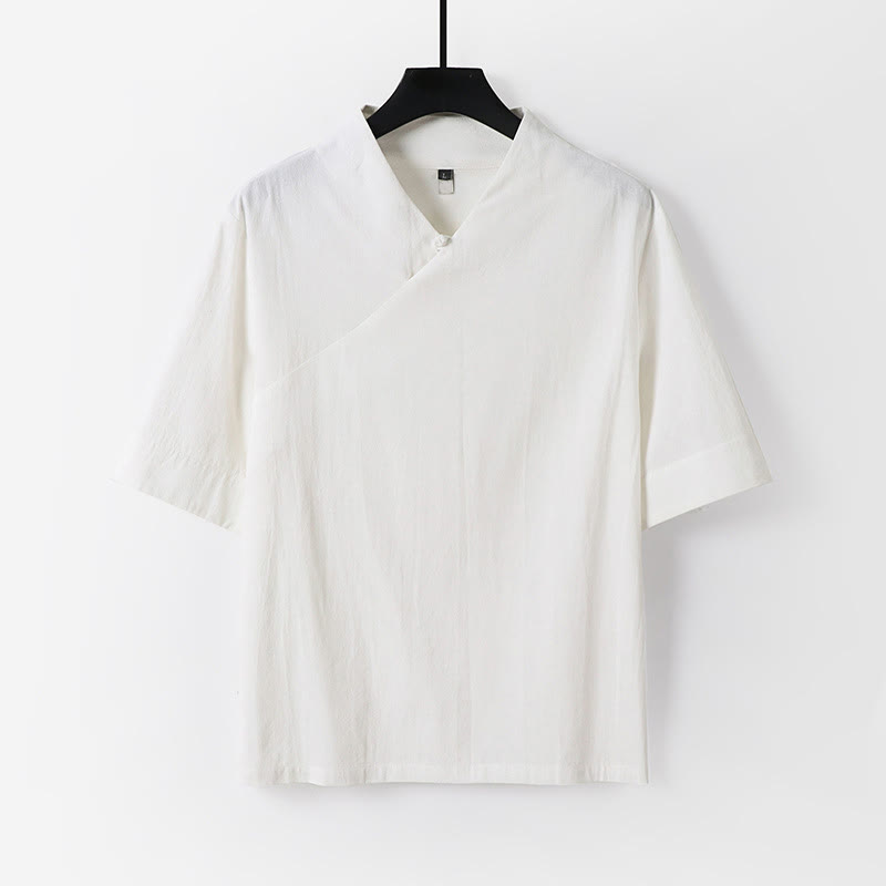 Nimara Ritual Summer Simple V-Neck Short Sleeve Cotton Linen Men's Shirt