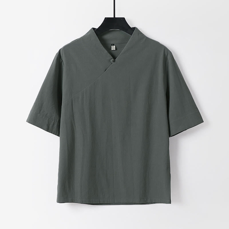 Nimara Ritual Summer Simple V-Neck Short Sleeve Cotton Linen Men's Shirt