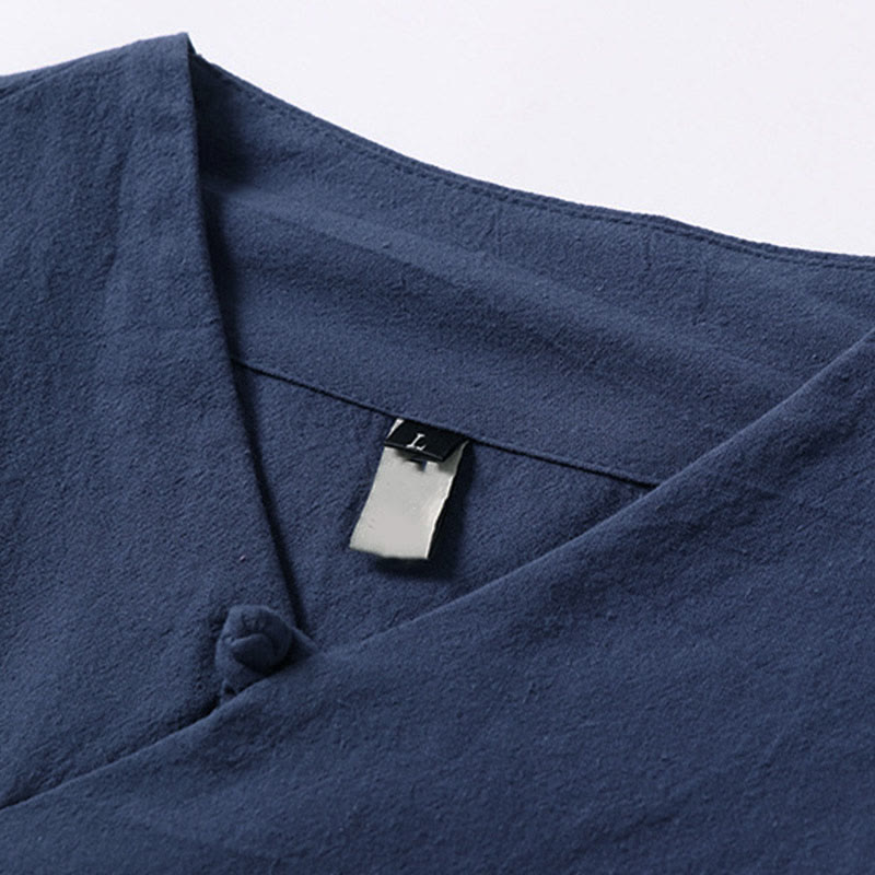Nimara Ritual Summer Simple V-Neck Short Sleeve Cotton Linen Men's Shirt