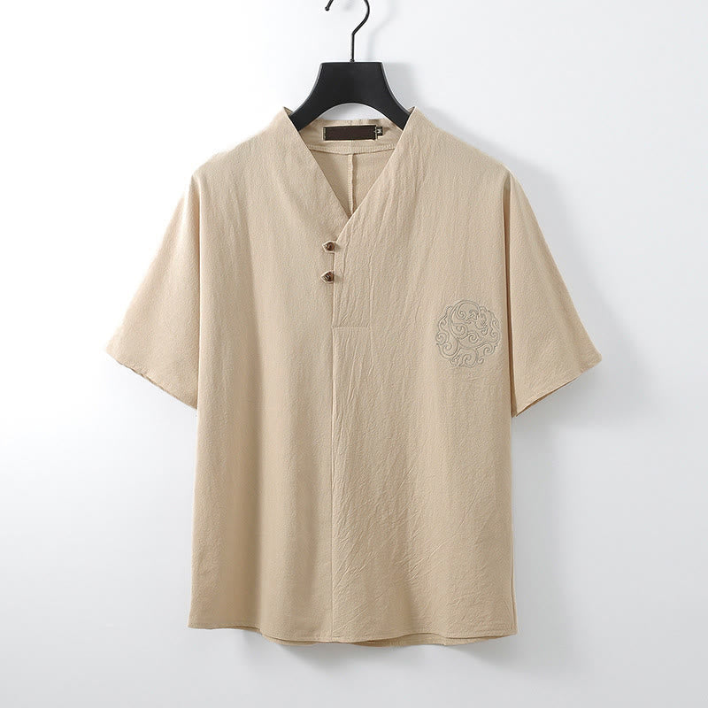 Nimara Ritual Summer V-Neck Button Short Sleeve Clouds Embroidery Cotton Linen Men's Shirt