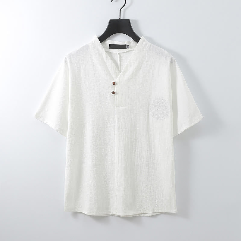 Nimara Ritual Summer V-Neck Button Short Sleeve Clouds Embroidery Cotton Linen Men's Shirt