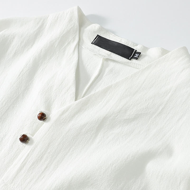 Nimara Ritual Summer V-Neck Button Short Sleeve Clouds Embroidery Cotton Linen Men's Shirt