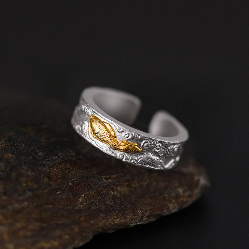 Nimara Ritual 999 Sterling Silver 999 Gold Koi Fish Auspicious Clouds Luck Ring