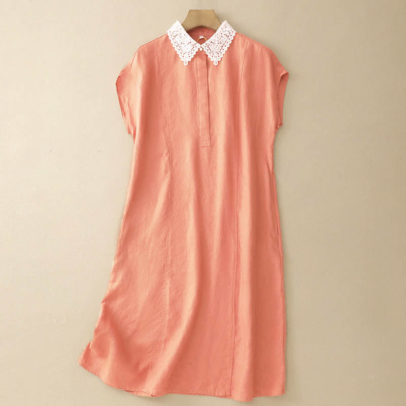 Nimara Ritual Summer Hollow Lace Design Lapel Sleeveless Cotton Midi Dress With Pockets