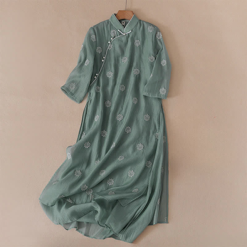 Nimara Ritual Embroidery Flower Frog-Button Stand Collar Side Slit Short Sleeve Maxi Dress