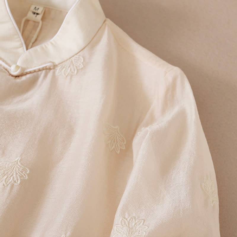 Nimara Ritual Embroidery Flower Frog-Button Stand Collar Side Slit Short Sleeve Maxi Dress