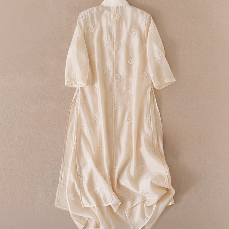 Nimara Ritual Embroidery Flower Frog-Button Stand Collar Side Slit Short Sleeve Maxi Dress