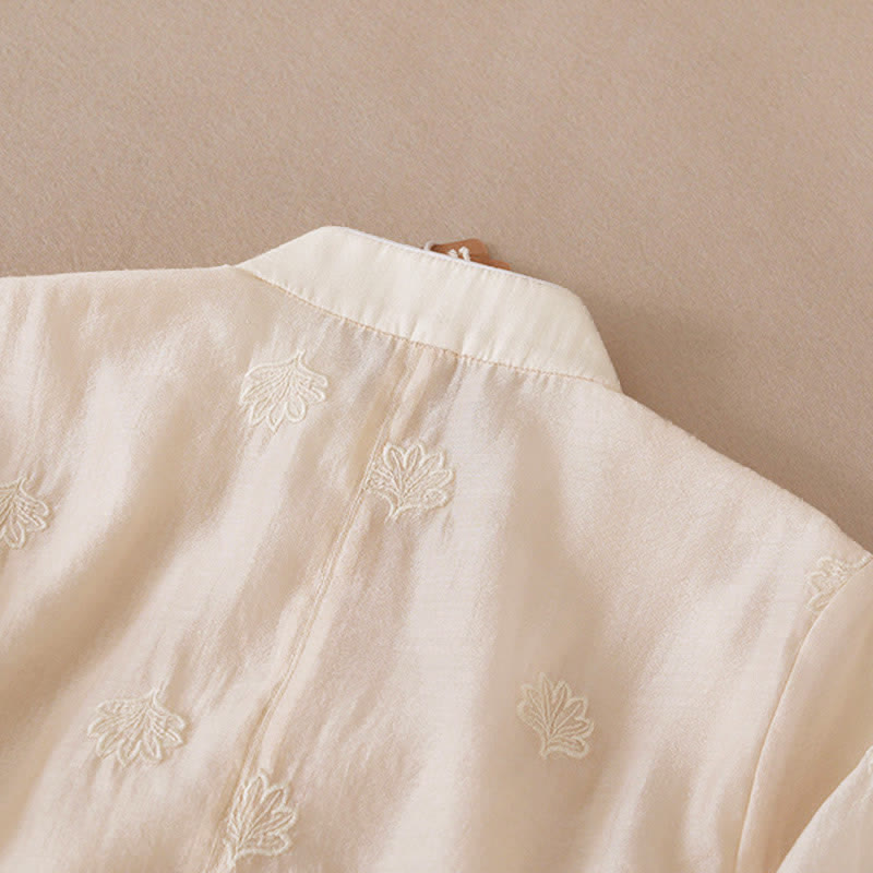 Nimara Ritual Embroidery Flower Frog-Button Stand Collar Side Slit Short Sleeve Maxi Dress