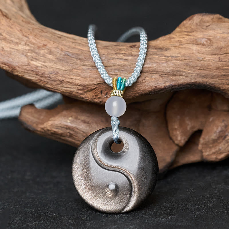 Nimara Ritual Silver Sheen Obsidian Yin Yang Symbol Protection Necklace Pendant
