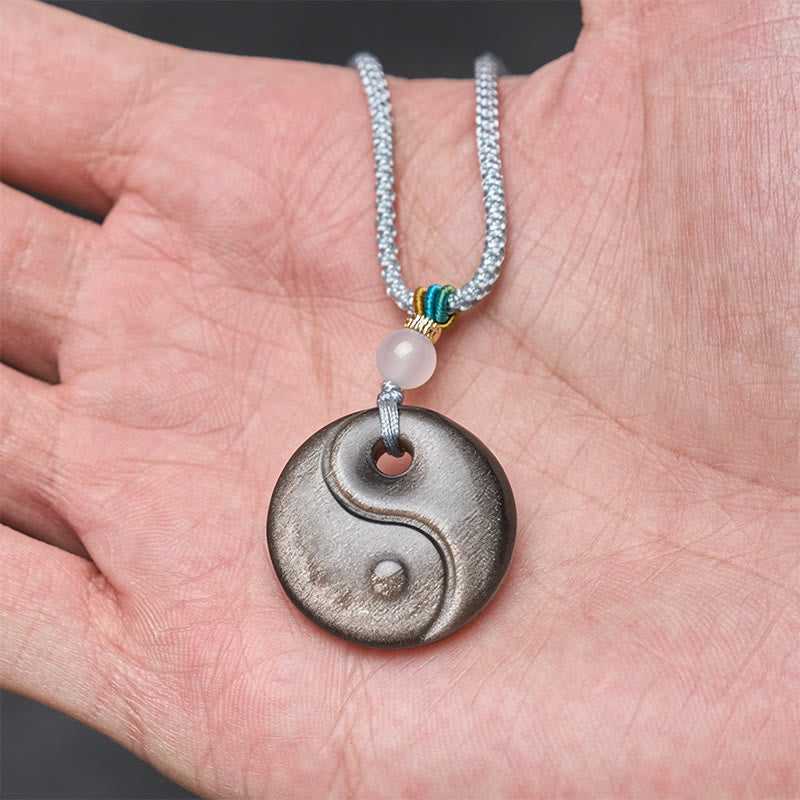Nimara Ritual Silver Sheen Obsidian Yin Yang Symbol Protection Necklace Pendant