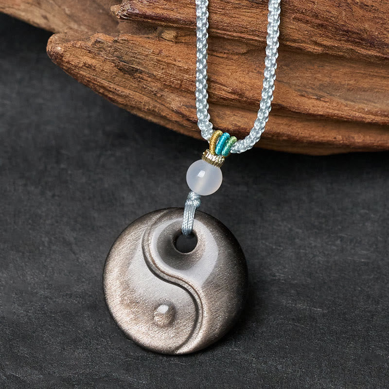 Nimara Ritual Silver Sheen Obsidian Yin Yang Symbol Protection Necklace Pendant