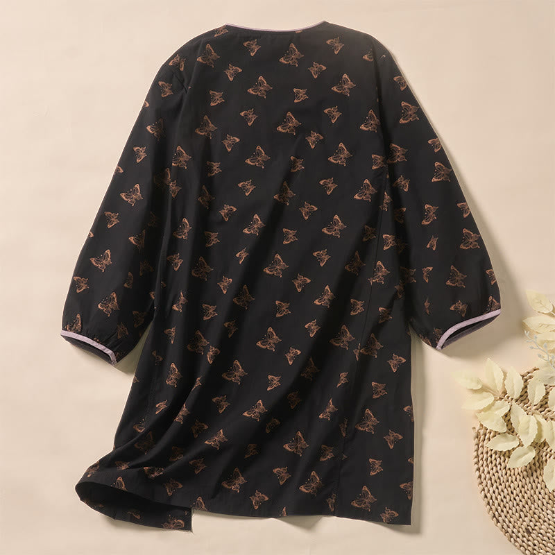 Nimara Ritual Butterfly Pattern V-Neck Long Sleeve Women's Polyester Shirt