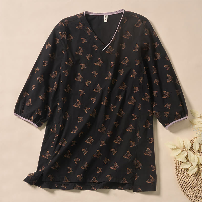 Nimara Ritual Butterfly Pattern V-Neck Long Sleeve Women's Polyester Shirt