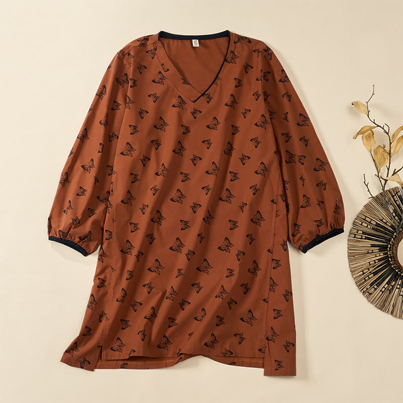 Nimara Ritual Butterfly Pattern V-Neck Long Sleeve Women's Polyester Shirt