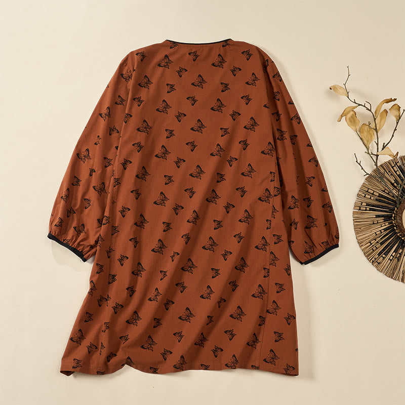Nimara Ritual Butterfly Pattern V-Neck Long Sleeve Women's Polyester Shirt