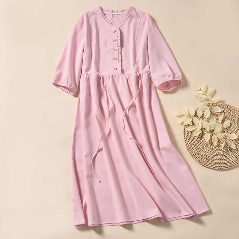 Nimara Ritual Summer Commute Pleated Design Buttons Short Sleeve Cotton Midi Dress