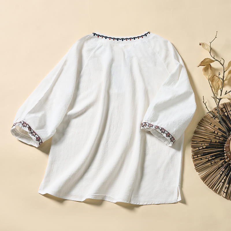 Nimara Ritual Summer V-Neck Embroidery Lines Lace-up Cotton Women's Half Sleeve Shirt