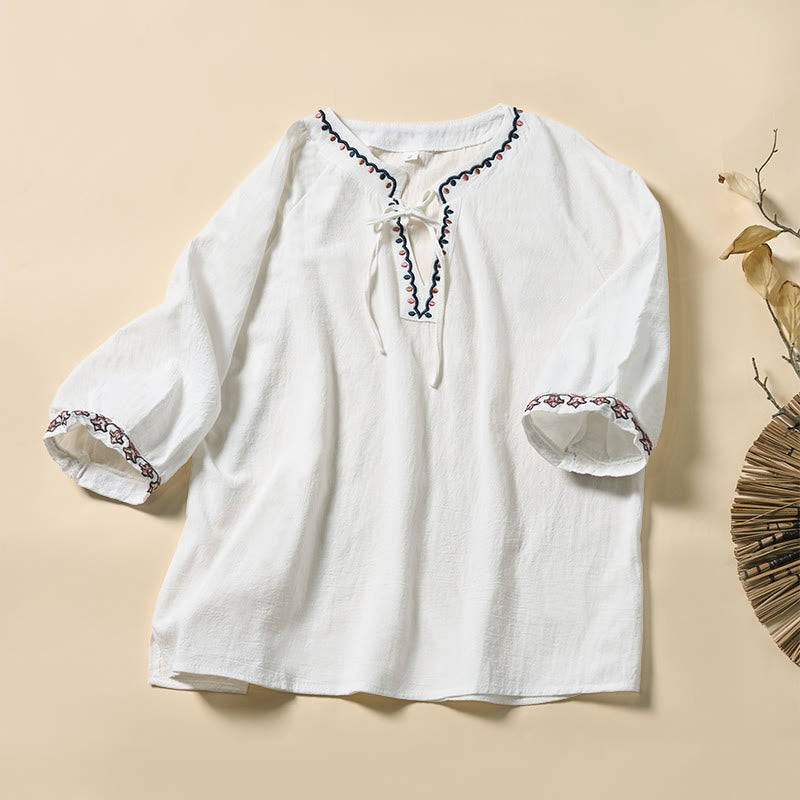 Nimara Ritual Summer V-Neck Embroidery Lines Lace-up Cotton Women's Half Sleeve Shirt