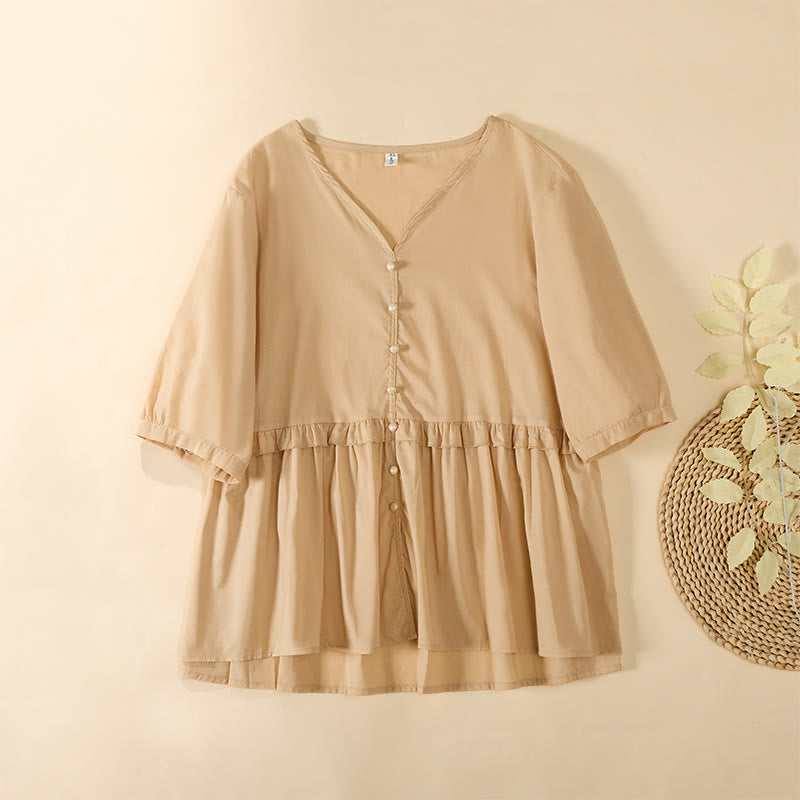 Nimara Ritual Summer Solid Color V-Neck Decorative Buttons Design Women's Short Sleeve Shirt