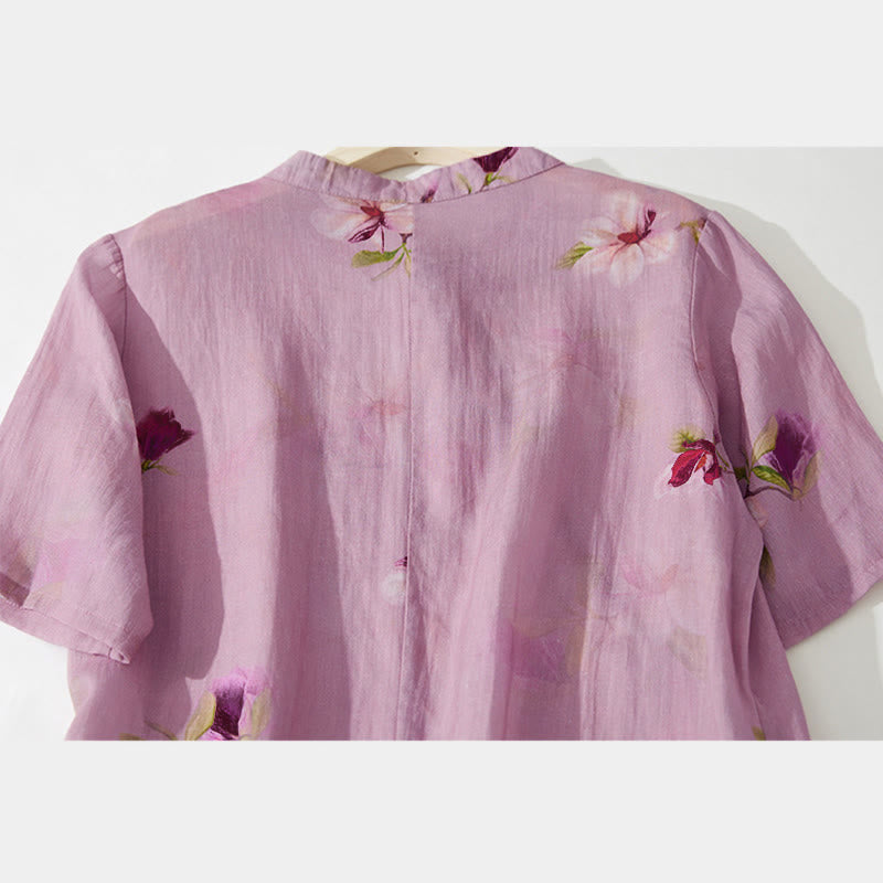 Nimara Ritual Summer Orchid Floral Stand Collar Design Short Sleeve Midi Dress With Pockets