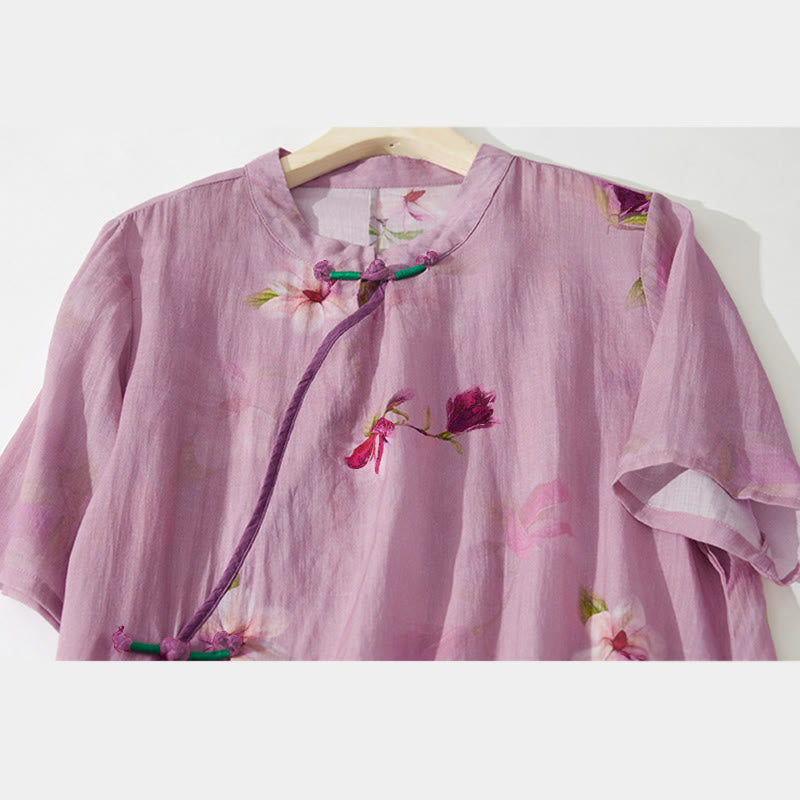 Nimara Ritual Summer Orchid Floral Stand Collar Design Short Sleeve Midi Dress With Pockets