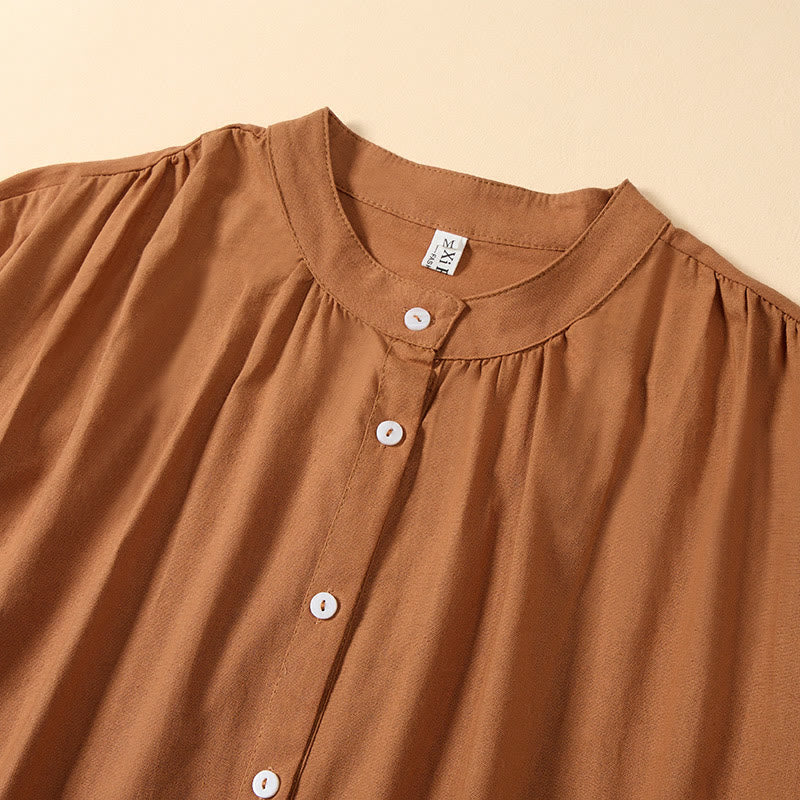 Nimara Ritual Summer Solid Color Stand Collar A-line Design Short Sleeve Midi Dress