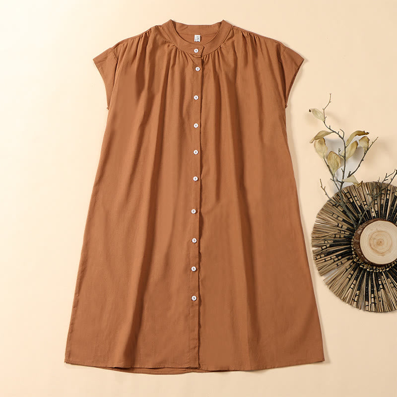 Nimara Ritual Summer Solid Color Stand Collar A-line Design Short Sleeve Midi Dress